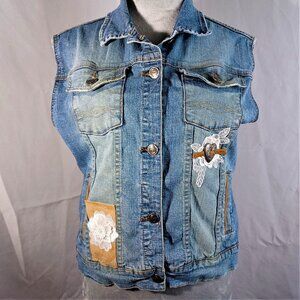 Embellished Denim Vest Lace Leather Conchos Size S